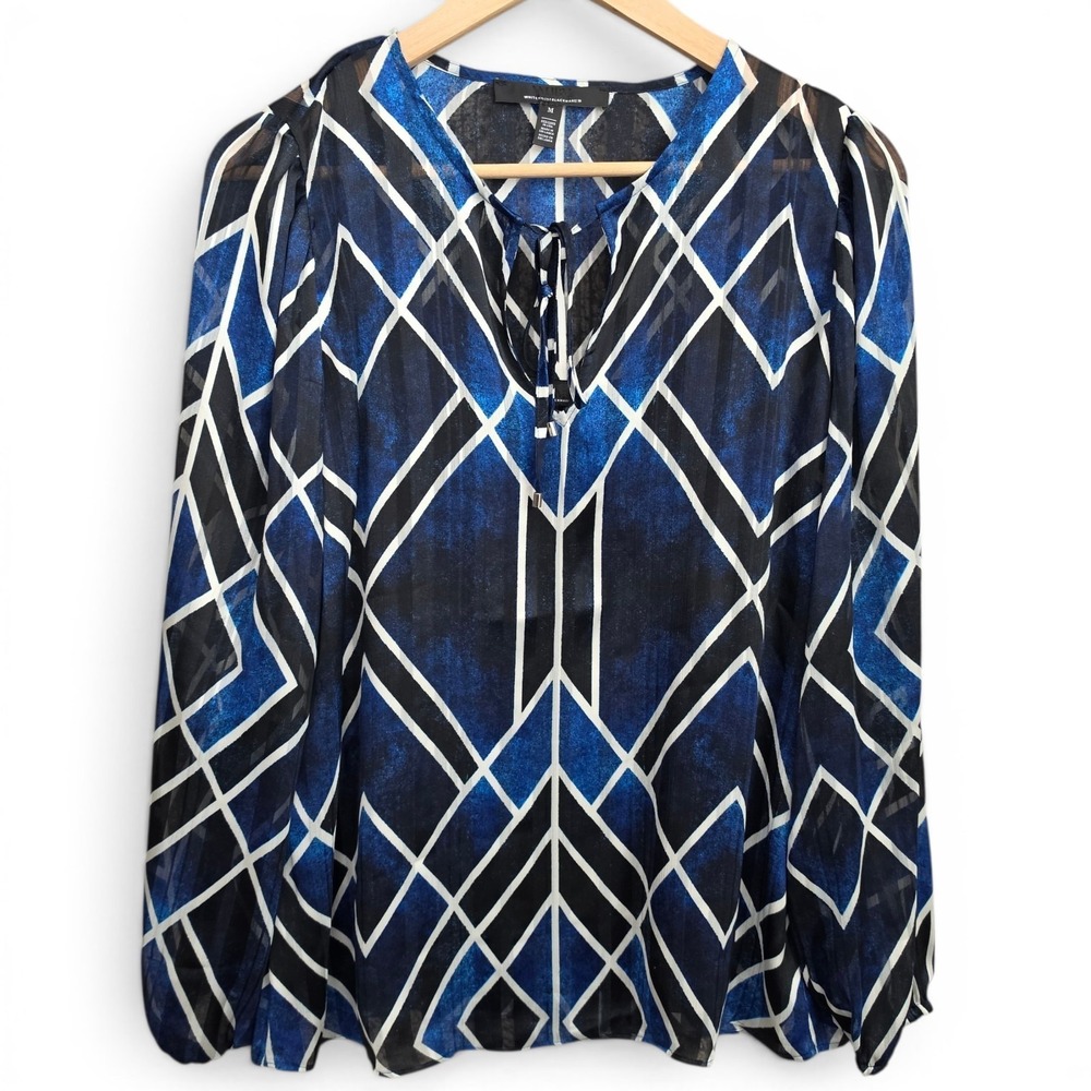 White House Black Market Top Womens Medium Blue Black Lined Sheer Blouse